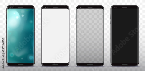 Black Smart Phones With Abstract Wallpaper, White, Transparent and Blank Screen Vector Illustration