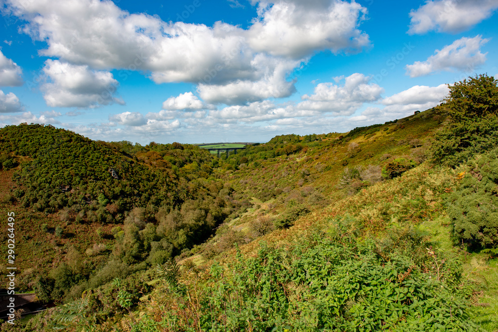 View above the River Okement leading towards Meldon Viaduct on Dartmoor