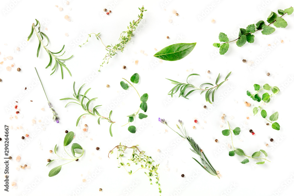 Culinary herbs and spices, shot from the top on a white background, cooking pattern - obrazy, fototapety, plakaty 