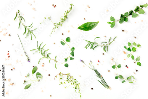 Fototapeta Naklejka Na Ścianę i Meble -  Culinary herbs and spices, shot from the top on a white background, cooking pattern