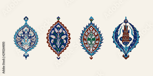 Set of 4 iznik elements. Vector traditional Turkish floral cobalt blue floral motifs. Elements for your design. photo