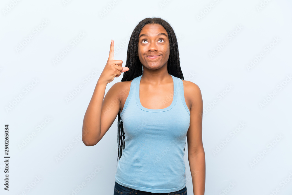 African American teenager girl with long braided hair over isolated blue background pointing with the index finger a great idea African American teenager girl with long braided hair over isolated blue background pointing with the index finger a great idea