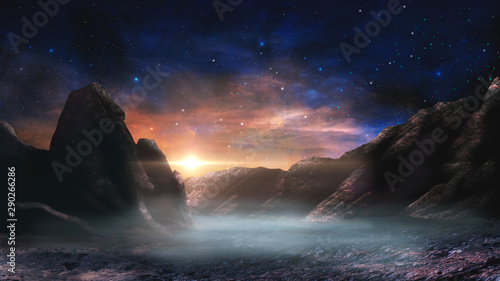 Sci-fi magical landscape with rock valey  star and sun. Digital painting illustration. Element furnished by NASA