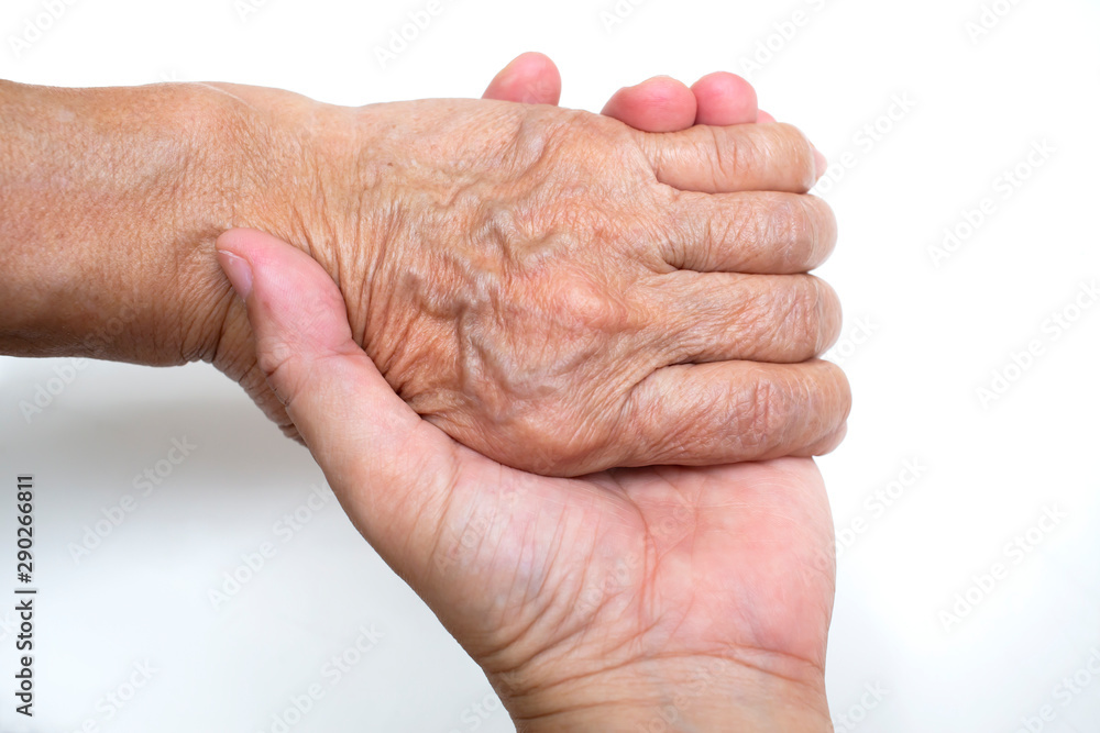 hand in hand, Daughter  holding hand of her mother on white background ,Asian Body language, Love together concept