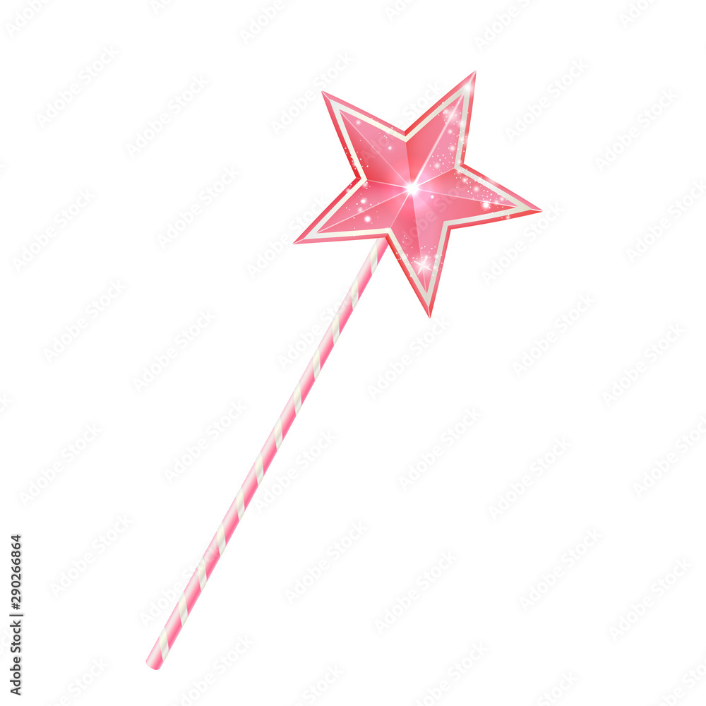 Pink fairy magic wand, 3d princess stick with star, isolated on