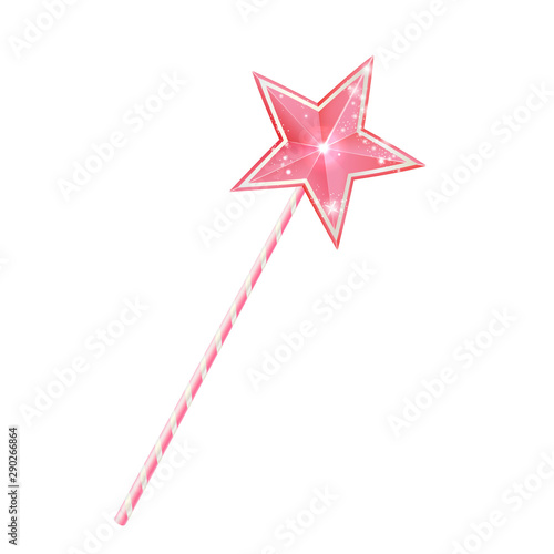 Pink fairy magic wand, 3d princess stick with star, isolated on white background