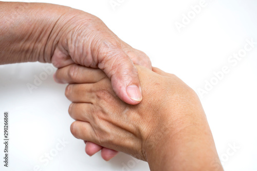 hand in hand, Daughter holding hand of her mother on white background ,Asian Body language, Love together concept