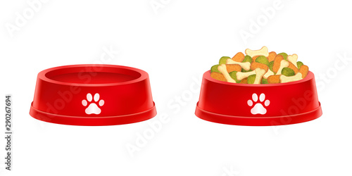 Dry dog food in bowl, Empty cat plate isolated on white background