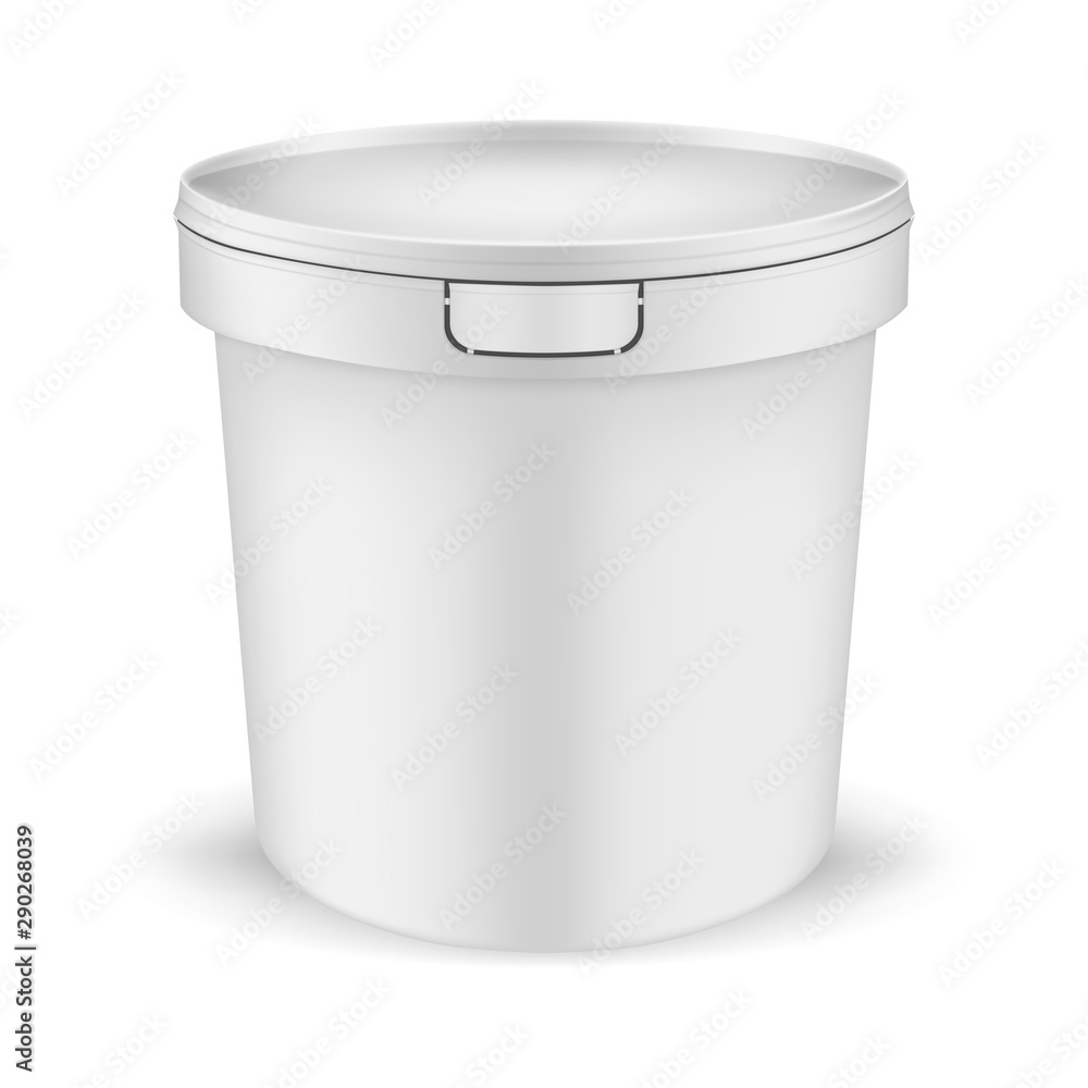 White plastic bucket with lid, realistic vector mockup. Blank packaging pail container, template White plastic bucket with lid, realistic vector mockup. Blank packaging pail container, template