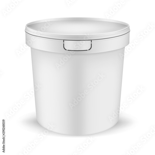 White plastic bucket with lid, realistic vector mockup. Blank packaging pail container, template