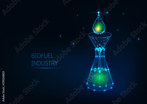 Futuristic biofuel industry concept with glowing low poly green petroleum drop, funnel, flask.