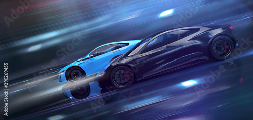 Two high speed sports cars in motion, racing (3D Illustration) © Open Studio