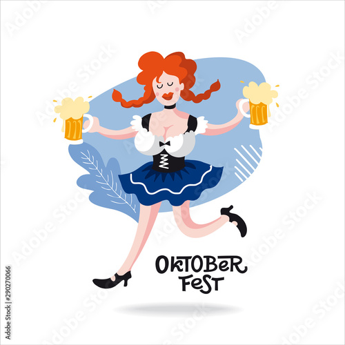 Oktoberfest girl  cartoon character. Vector flat color illustration for German beer festival in Munich. Lettering with woman with beer mug, pretzel and Bavarian flag. 