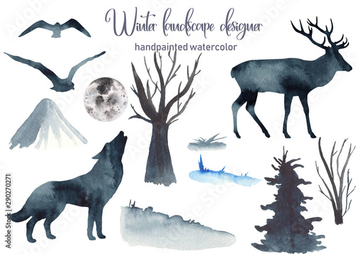 Watercolor set winter landscape with deer  wolf  mountains  moon  trees  birds  grass