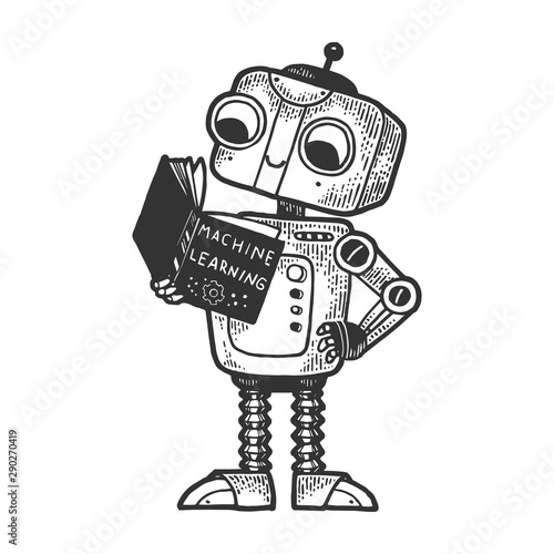 Robot child with machine learninig book sketch engraving vector illustration. Machine learning metaphor. Tee shirt apparel print design. Scratch board imitation. Black and white hand drawn image.