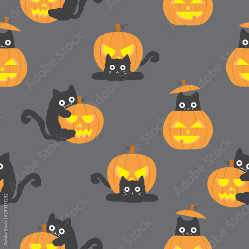 Halloween black cat with pumpkin seamless pattern