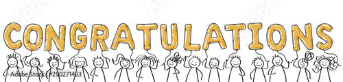 CONGRATULATIONS happy stick figures holding golden balloon letters, celebrating, horizontal banner