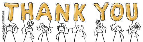 THANK YOU Smiling group of stick figures holding golden letters