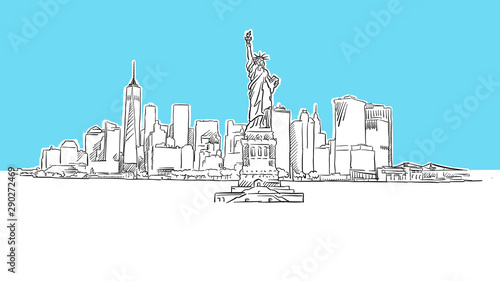 Liberty Statue With New York City Skyline Panorama Vector Sketch