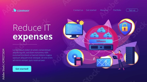 Virtual machines. Operating system and data storage. Virtualization technology, process virtual representation, reduce IT expenses concept. Website homepage landing web page template.