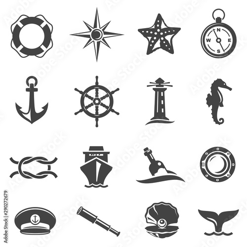 Sea voyage accessories glyph vector icons set
