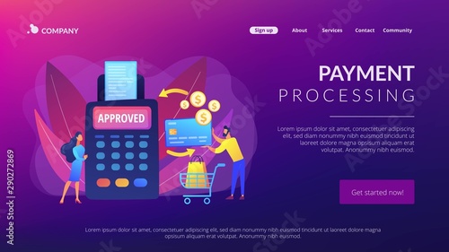 Money transfer. Financial services. POS terminal. Online shopping. Payment processing, easy payment systems, digital payment service concept. Website homepage landing web page template.