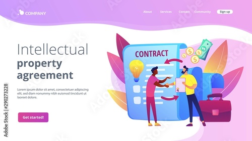 Quality assurance. Business deal. Guarantee certificate. Licensing contract, intellectual property agreement, electronic copy sales concept. Website homepage landing web page template.