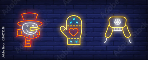 Winter clothing neon sign set with mitten