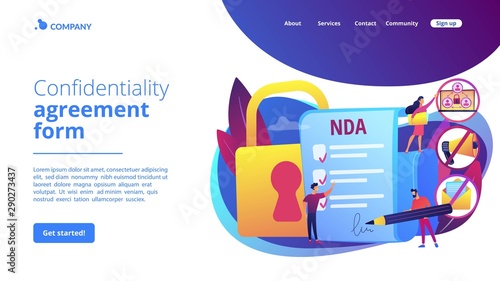 Proprietary information document. NDA contract. Nondisclosure agreement, confidentiality agreement form, confidential disclosure agreement concept. Website homepage landing web page template.