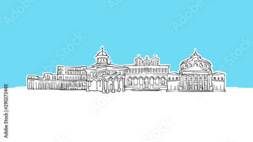Bucharest, Romania Skyline Panorama Vector Sketch