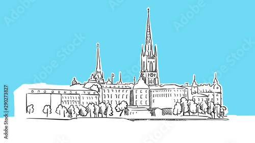 Stockholm Waterfron Skyline Panorama Vector Sketch