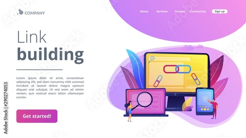 Online communication technology, internet business, marketing research. Link building, main SEO strategies, search engine optimization concept. Website homepage landing web page template.
