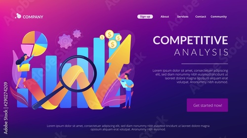 Business development strategy evaluation. Competitive analysis, strengths and weaknesses of your competition, company marketing plan concept. Website homepage landing web page template.
