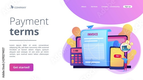 Money loan contract, e payment application, finances management. Payment terms, convenient contract payments, invoice payment terms concept. Website homepage landing web page template.