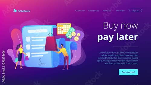 Installment purchase offer, shopping business, convenient customer service. Deferment of payment, net payment terms, buy now pay later concept. Website homepage landing web page template.