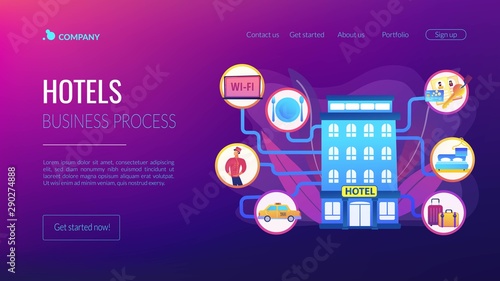 Luxurious inn, accommodation booking. Free wifi, room cleaning. Hospitality management, hotels business processes, hotel management system concept. Website homepage landing web page template.