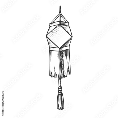 Decorative Lantern Festive Detail Retro Vector. Handmade Classical Christmas Paper Lantern With Tassel Celebrate Ornament. Light Garland Template Designed In Vintage Style Monochrome Illustration