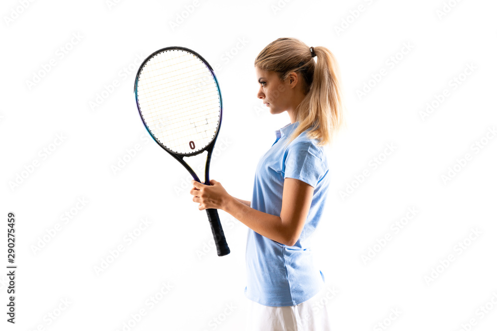 Teenager tennis player girl over isolated white background Teenager tennis player girl over isolated white background