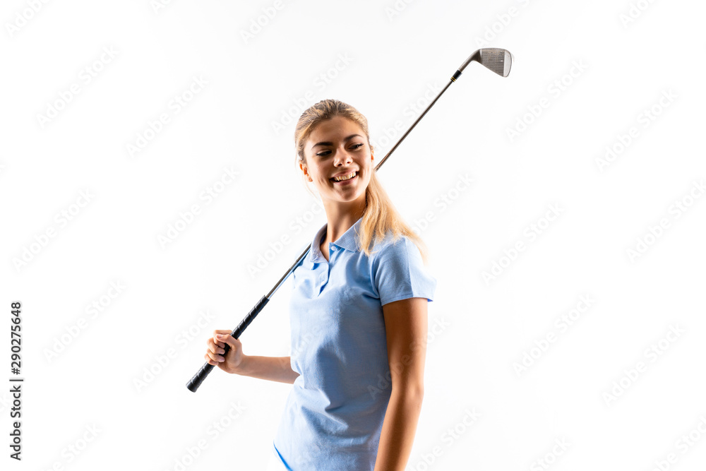 Teenager golfer girl over isolated white background Teenager golfer girl over isolated white background