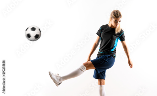 Blonde football player teenager girl over isolated white backgro © luismolinero