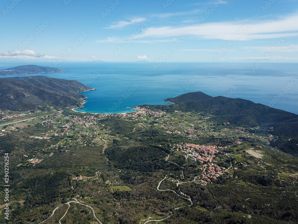 Drone view of Campo nell'Elba, Elba island, Tuscany sea, Italy