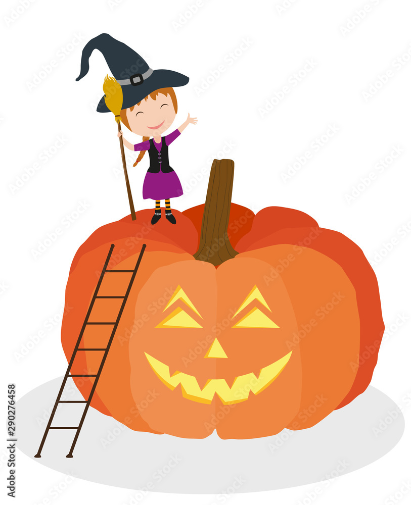 Halloween. Girl in festive witch costume climbs ladder to large pumpkin. Vector illustration.