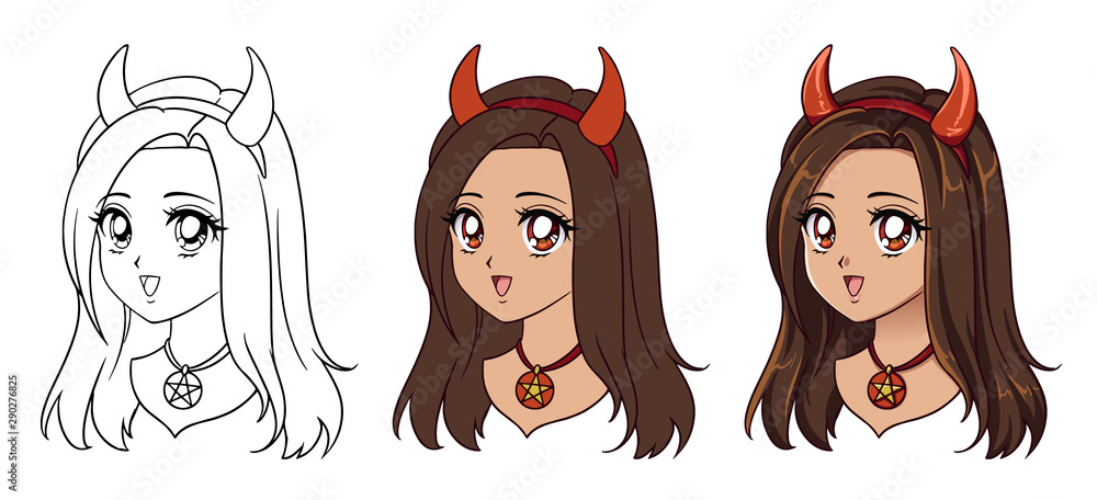 Cute anime devil girl portrait. Three versions: contour, flat colors, cell  shading. 90s retro anime style hand drawn vector illustration. Isolated on  white background. Stock Vector | Adobe Stock