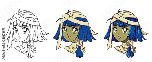 Cute anime mummy girl portrait. Three versions contour, flat colors, cell shading.