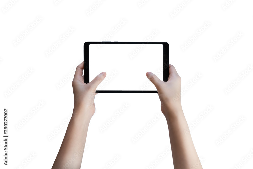 hand holding tablet pc isolated on white