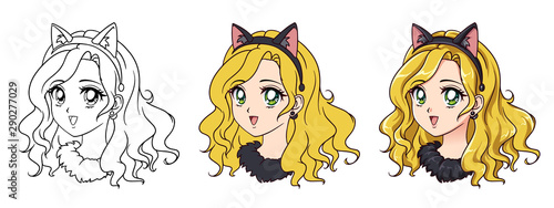 Cute anime car girl portrait. Three versions contour, flat colors, cell shading.