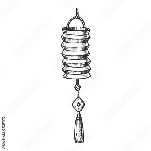Chinese Lantern Cultural Decoration Vintage Vector. Party Detail Collapsible With Metal Expander And Candle Paper Lantern. Festival Light Layout Hand Drawn In Retro Style Black And White Illustration