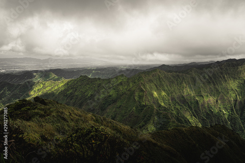 Moody vibes in the beautiful green mountains of the Moanalua Valley, Oahu, Hawaii. Taken on the Stairway to Heaven (Haiku Stairs) hike.