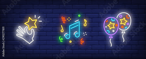 Festive party neon sign set with hand holding star
