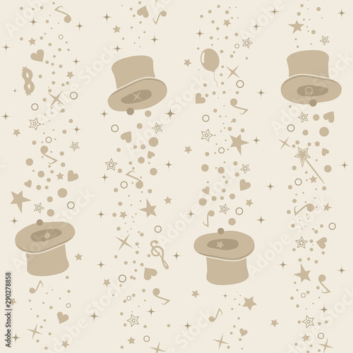 Elements of a merry children's holiday on a beige background. Vector seamless pattern. © Maryna